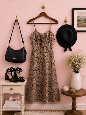 Spaghetti Strap Floral Midi Dress in Taupe